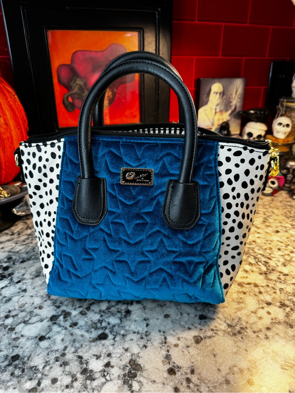 Luv Betsey by Betsey Johnson Teal Velvet Star-Quilt Tote with Polka-Dot Sides